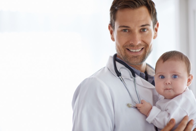 Portrait, happy man and pediatrician with baby on mockup for medical assessment, support and healthcare of children.
